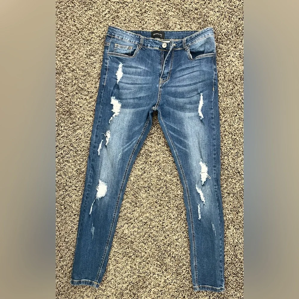 Men’s Distressed Blue Skinny Jeans Size 34 | Stretch Denim